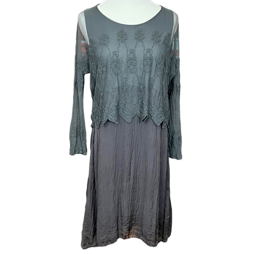 Carla Conti Gray Silk Dress Sheer Lace Overlay S